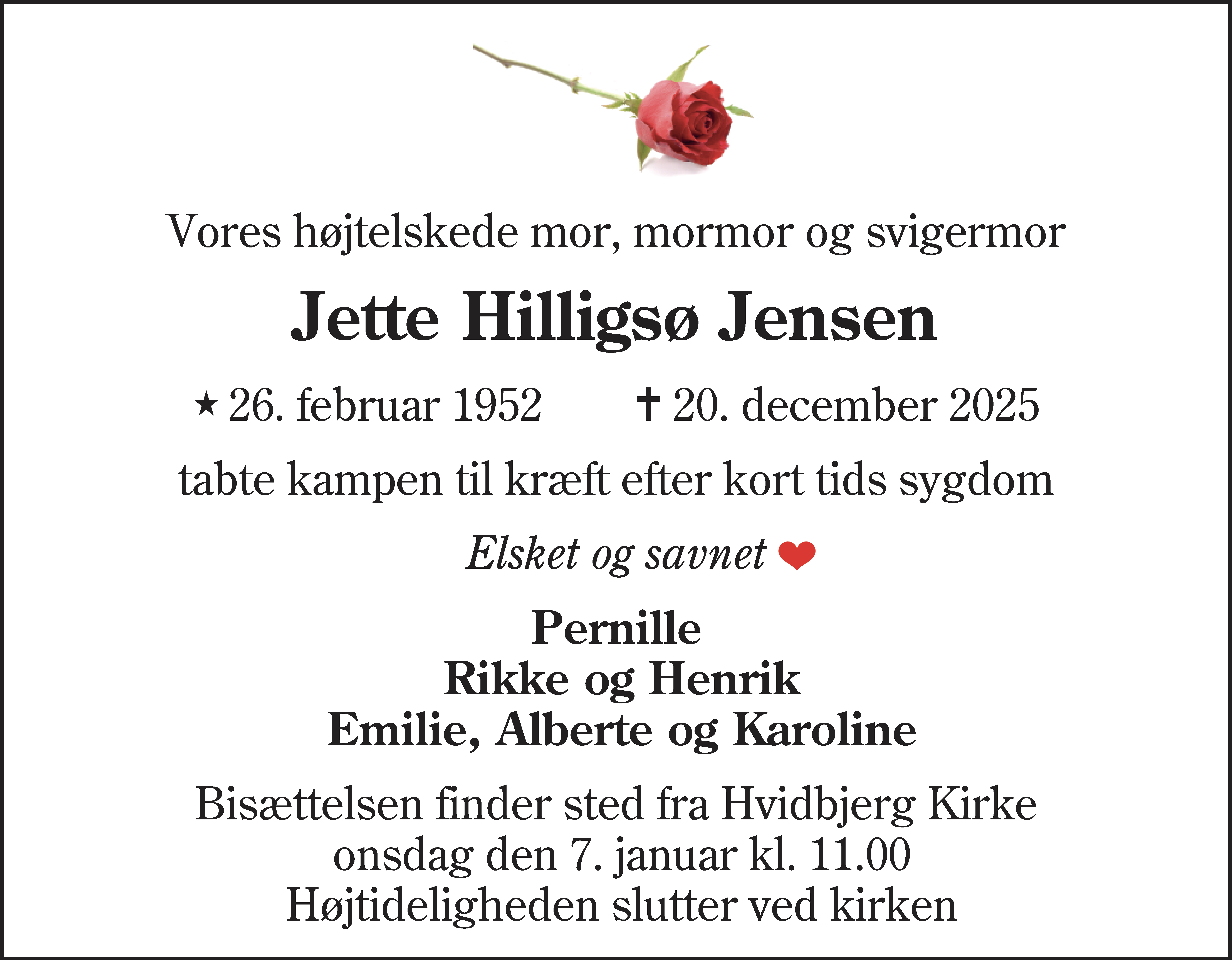 Dødsannonce for Jette Hilligsø Jensen