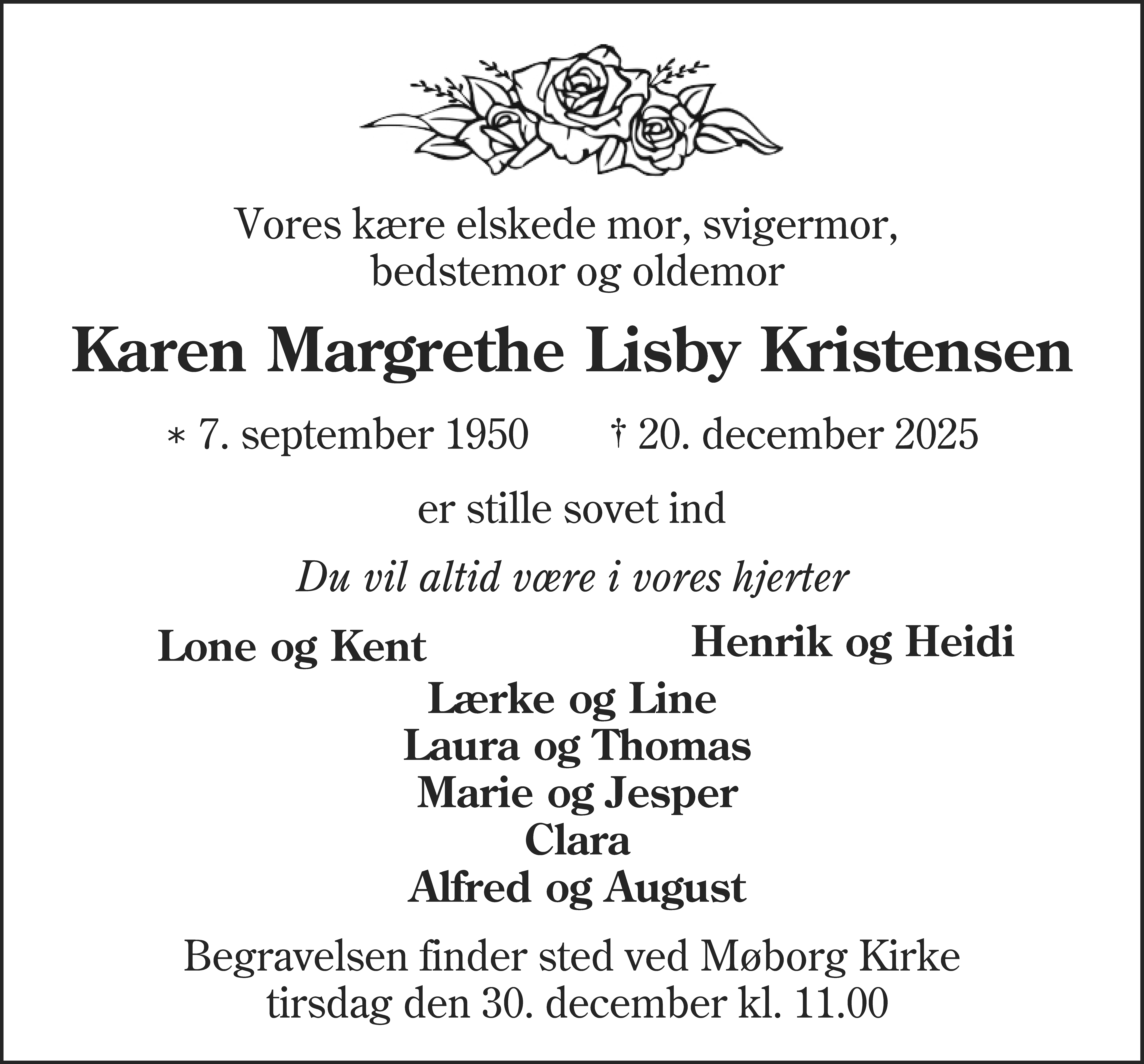 Dødsannonce for Karen Margrethe Lisby Kristensen