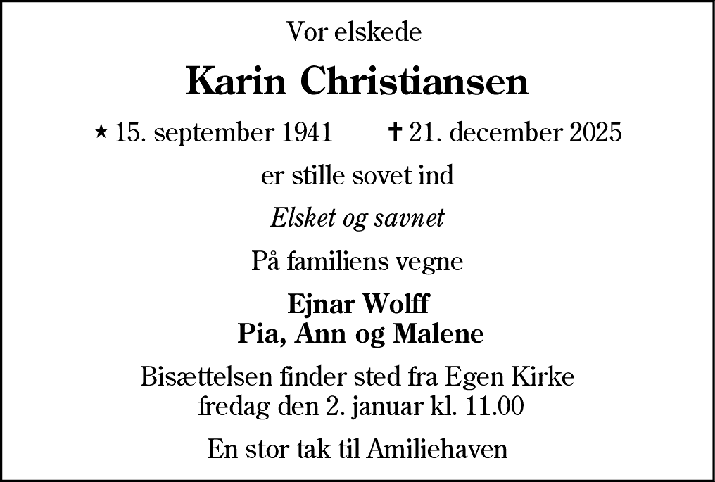 Dødsannonce for Karin Christiansen
