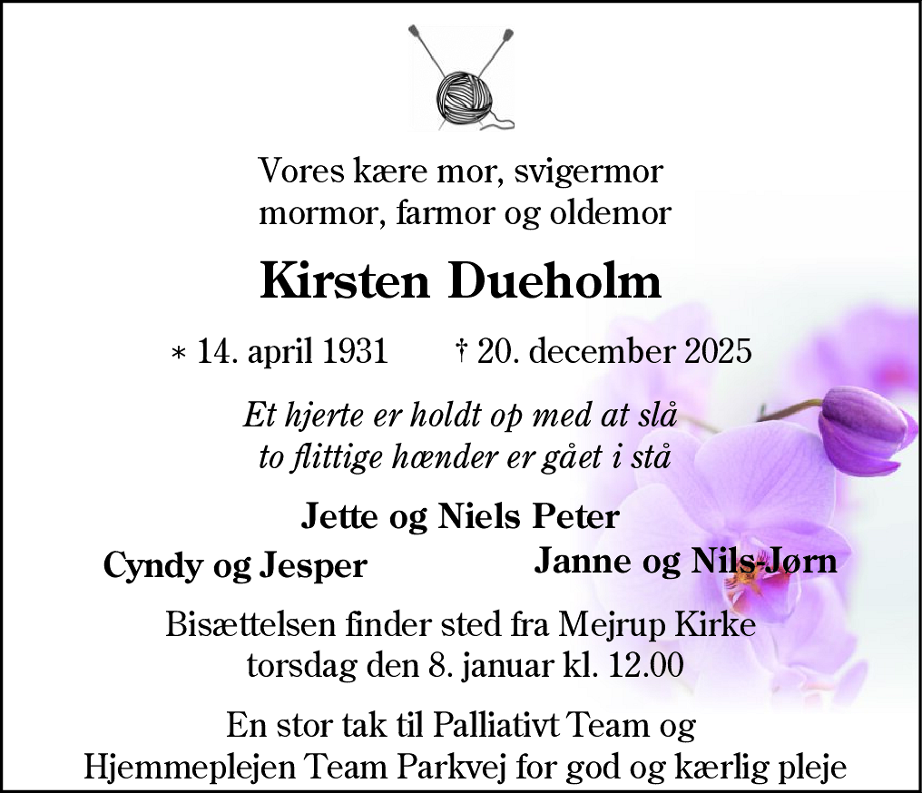 Dødsannonce for Kirsten Inger Dueholm