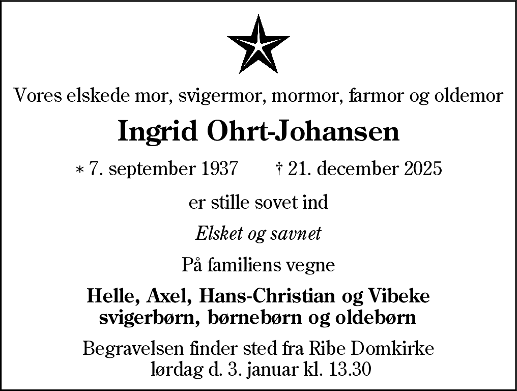 Dødsannonce for Ingrid Ohrt-Johansen