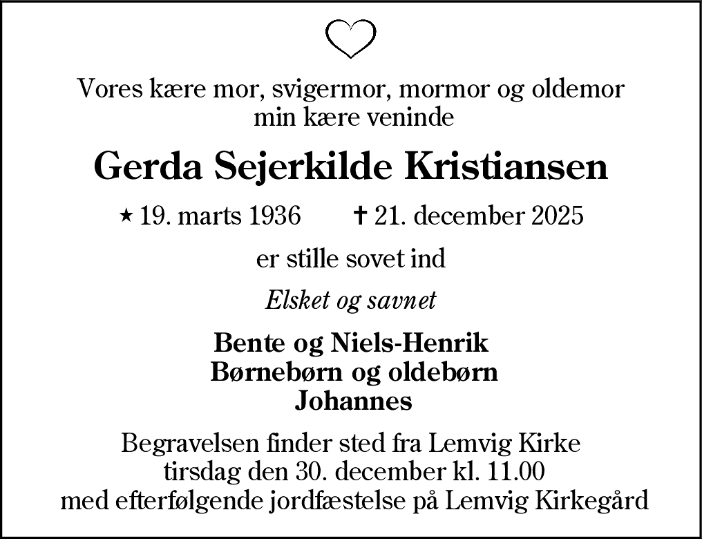 Dødsannonce for Gerda Kristiansen