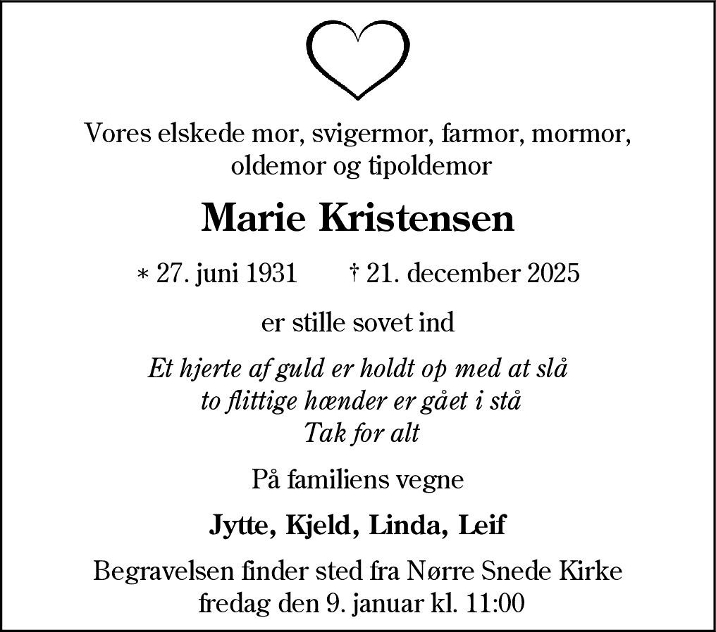 Dødsannonce for Marie Kirstine Kristensen