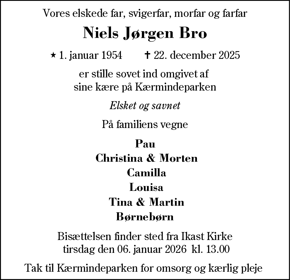 Dødsannonce for Niels Jørgen Bro