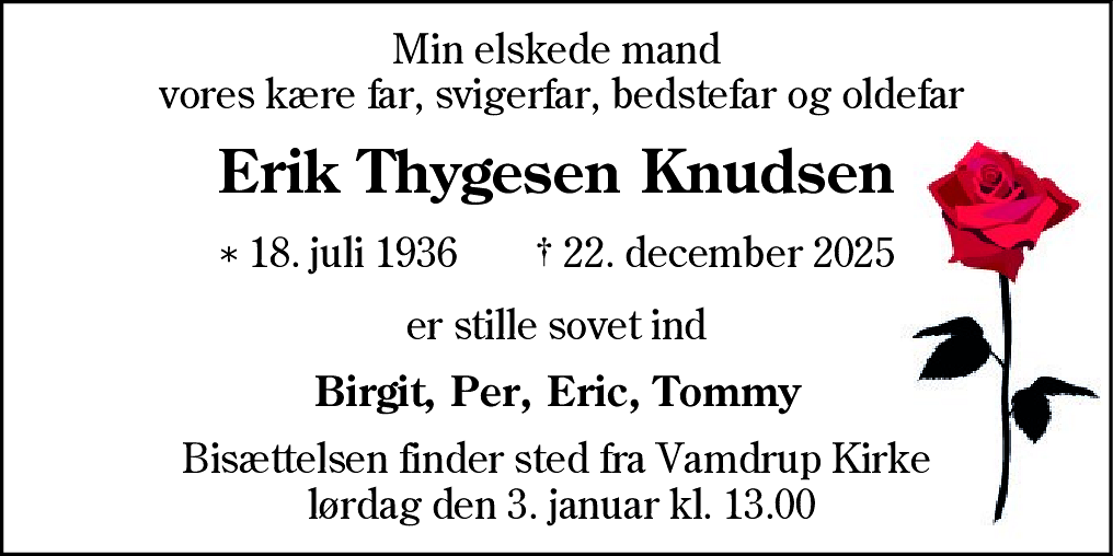 Dødsannonce for Erik Thygesen Knudsen