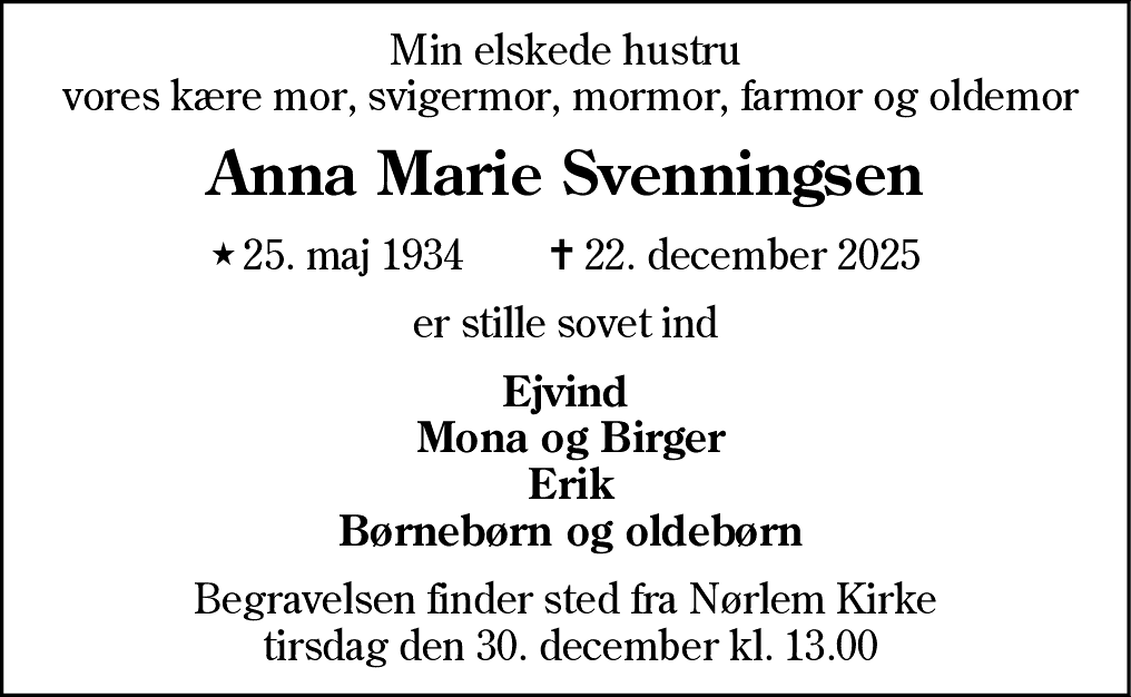 Dødsannonce for Anna Marie Svenningsen