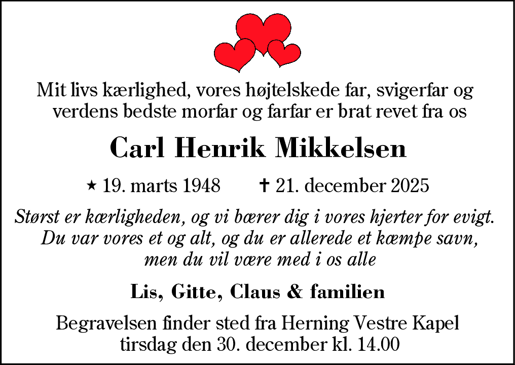 Dødsannonce for Carl Henrik Mikkelsen