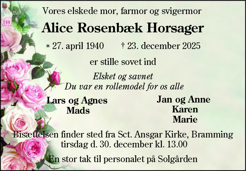 Dødsannonce for Alice Rosenbæk Horsager
