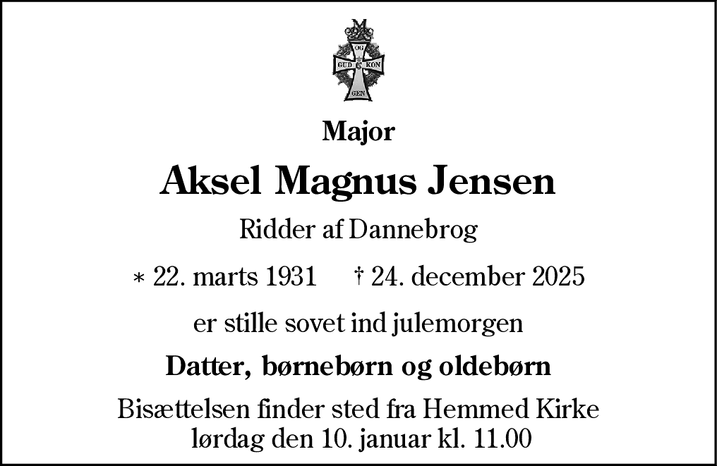 Dødsannonce for Aksel Magnus Jensen