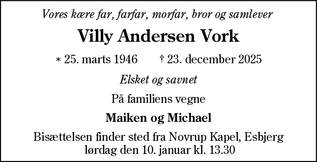 Dødsannonce for Villy Andersen Vork