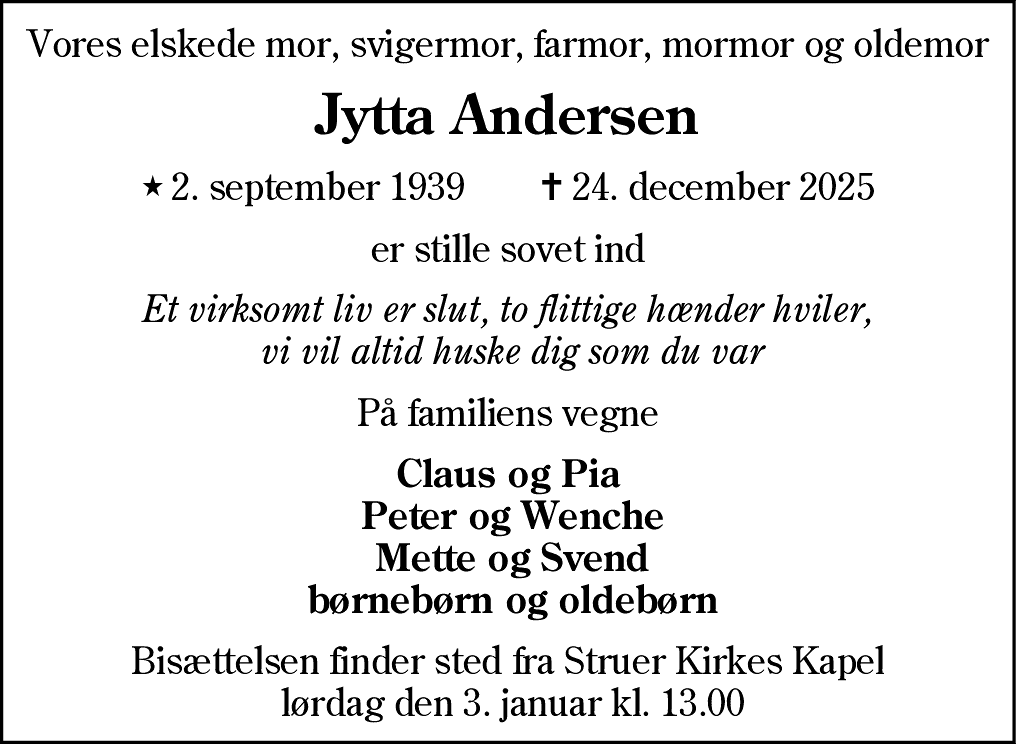 Dødsannonce for Jytta Andersen