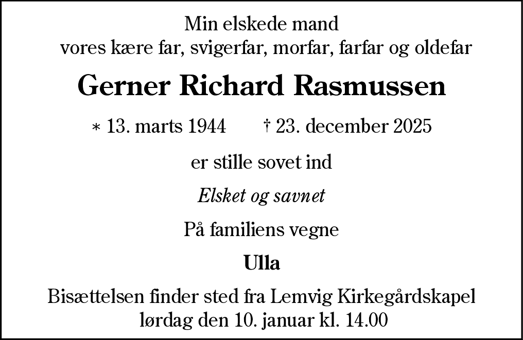 Dødsannonce for Gerner Richard Rasmussen