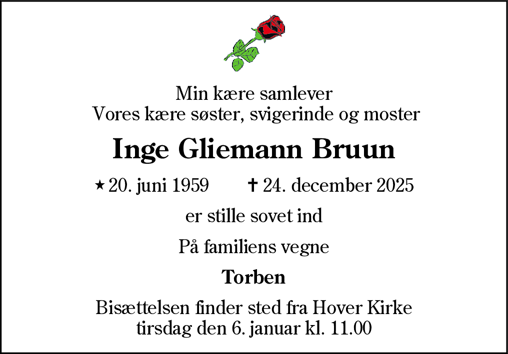 Dødsannonce for Inge Gliemann Bruun
