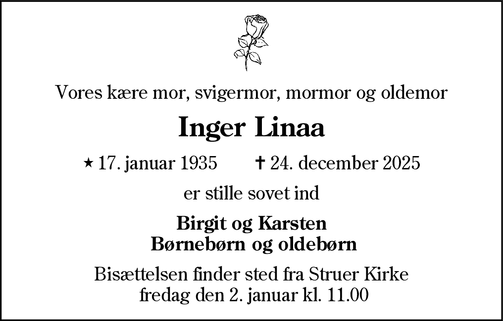 Dødsannonce for Inger Cecilie Linaa
