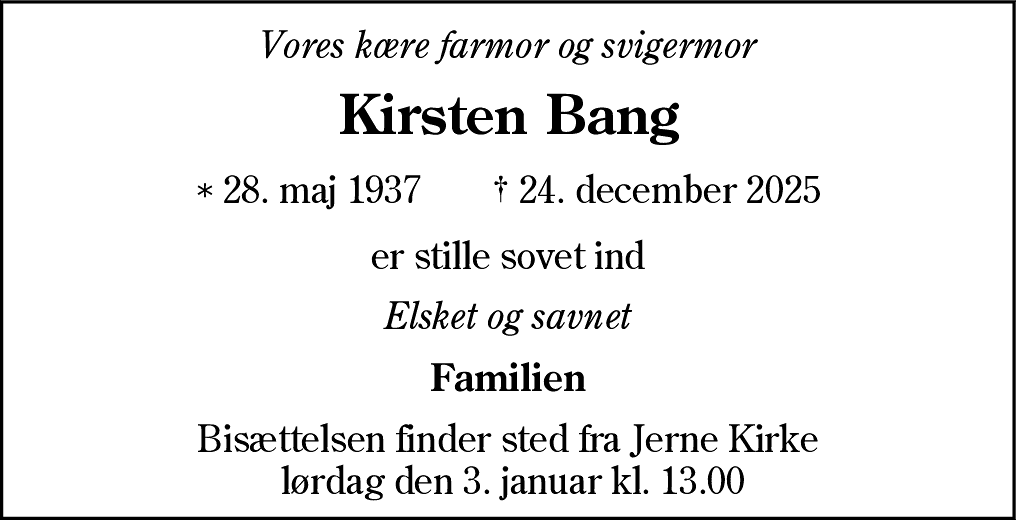 Dødsannonce for Kirsten Bang