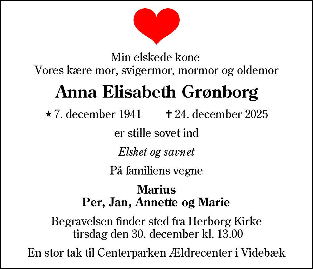 Dødsannonce for Anna Elisabeth Grønborg