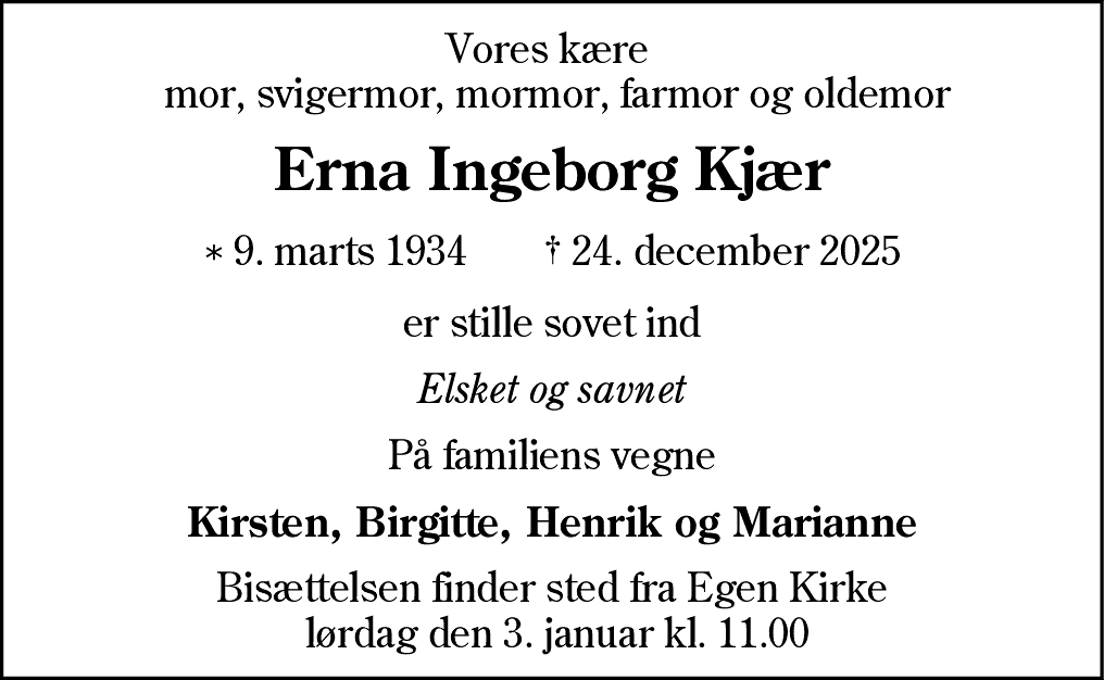 Dødsannonce for Erna Ingeborg Kjær