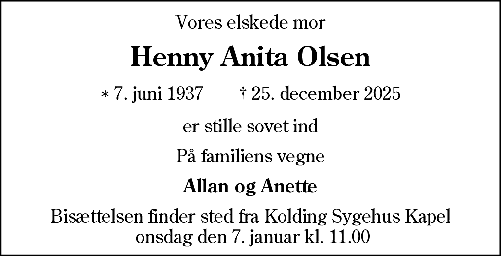 Dødsannonce for Henny Anita Olsen