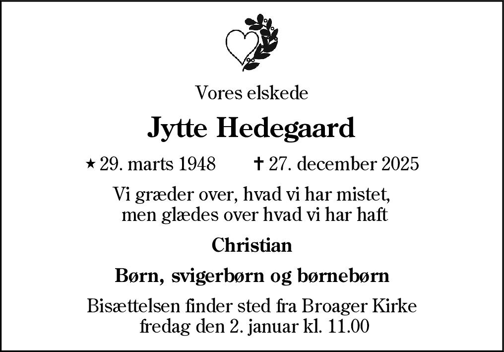 Dødsannonce for Jytte Anne-Grete Hedegaard