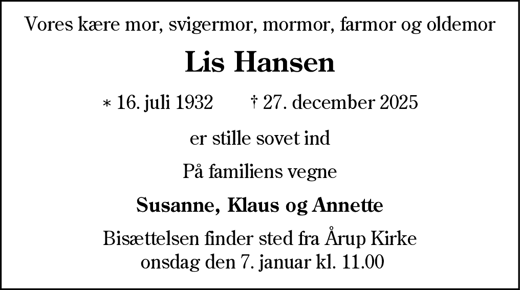 Dødsannonce for Lis Birgit Hansen