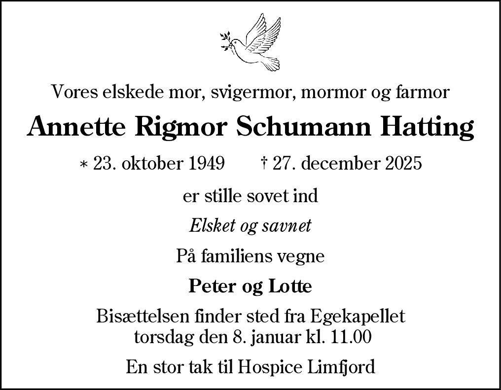 Dødsannonce for Annette Rigmor Schumann Hatting