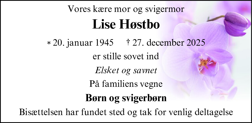 Dødsannonce for Lise Høstbo