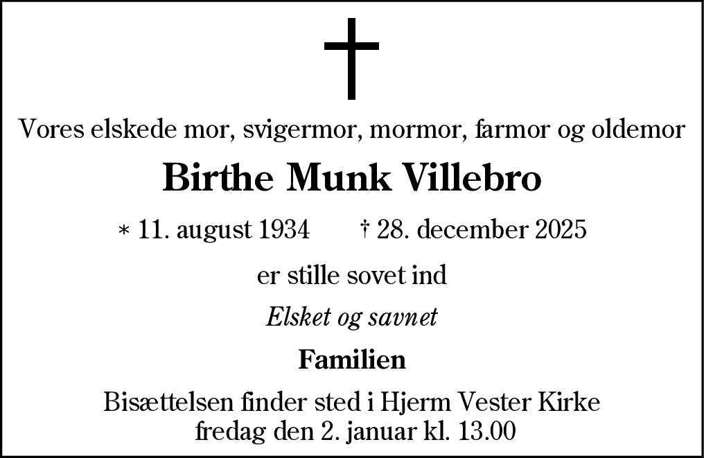 Dødsannonce for Birthe Munk Villebro