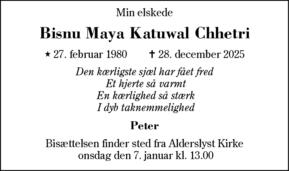 Dødsannonce for Bisnu Maya Katuwal Chhetri