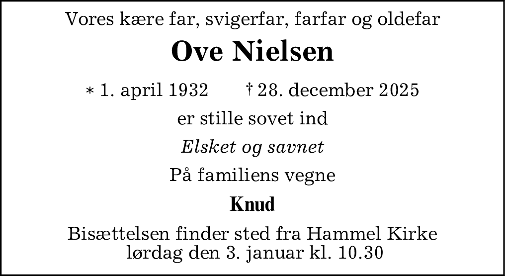 Dødsannonce for Ove Nielsen