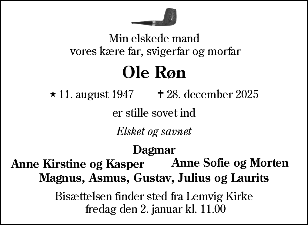 Dødsannonce for Ole Larsen Røn