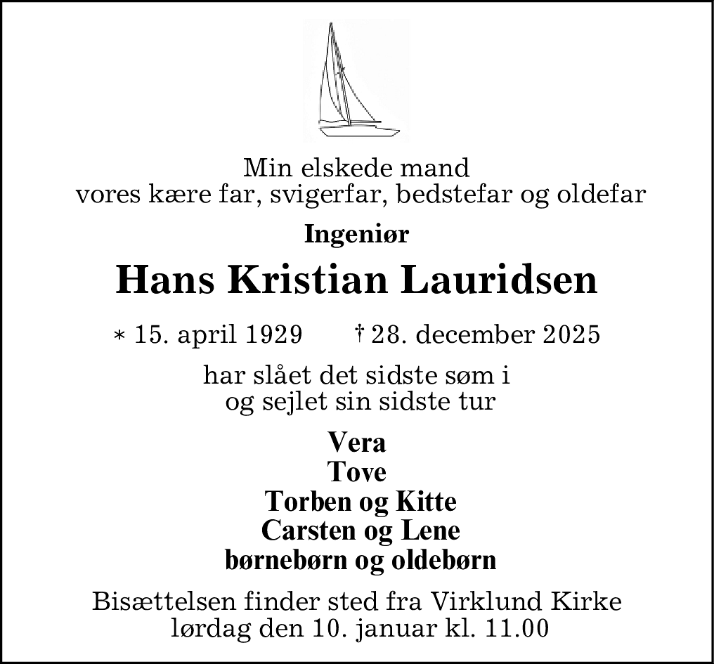 Dødsannonce for Hans Kristian Lauridsen