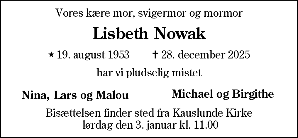 Dødsannonce for Lisbeth Nowak