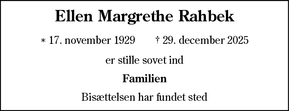 Dødsannonce for Ellen Margrethe Rahbek