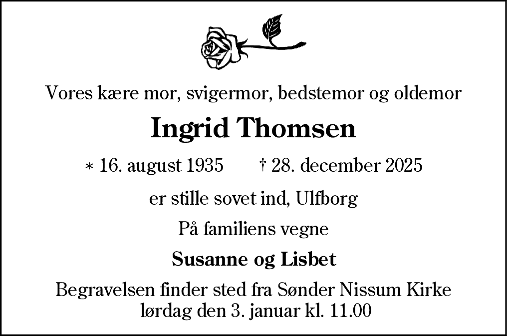 Dødsannonce for Ingrid Thomsen