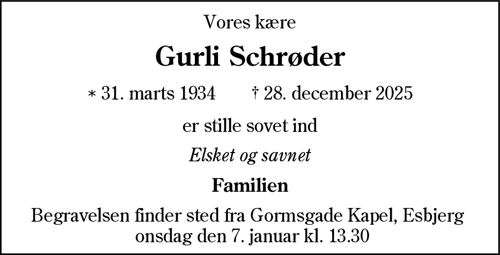 Dødsannonce for Gurli Schrøder