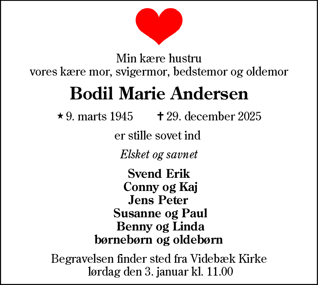 Dødsannonce for Bodil Marie Andersen