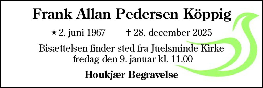 Dødsannonce for Frank Allan Pedersen Köppig
