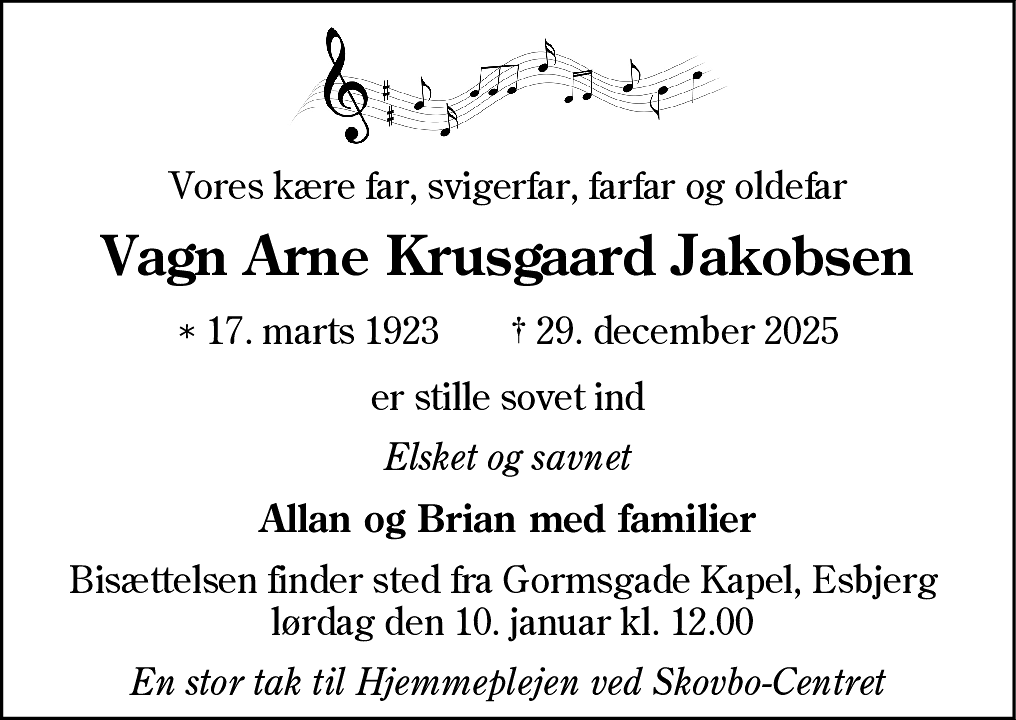 Dødsannonce for Vagn Arne Krusgaard Jakobsen