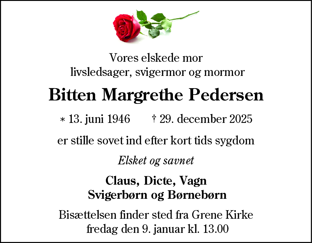 Dødsannonce for Bitten Margrethe Pedersen