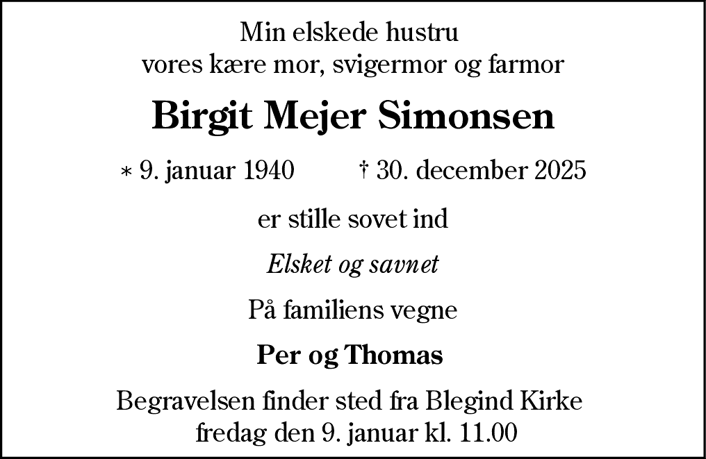 Dødsannonce for Birgit Mejer Simonsen