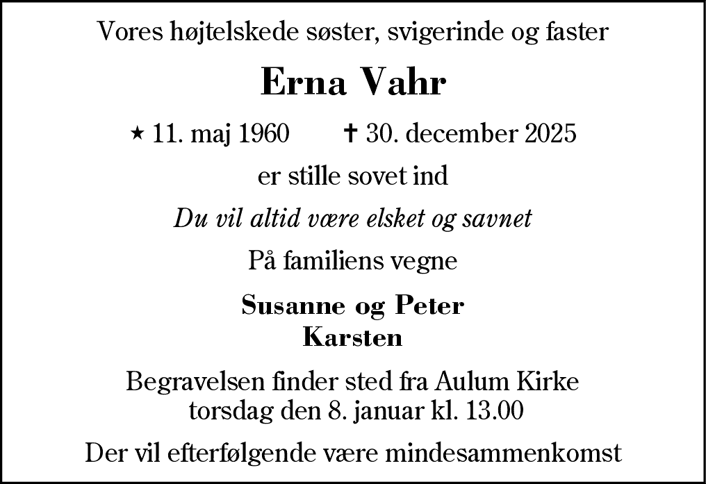 Dødsannonce for Erna  Vahr
