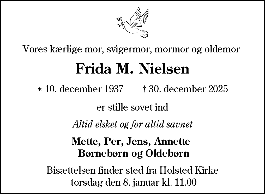 Dødsannonce for Frida Margrethe Nielsen