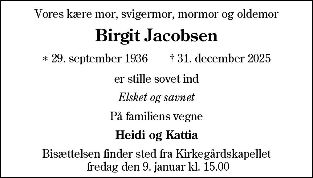 Dødsannonce for Birgit Jacobsen