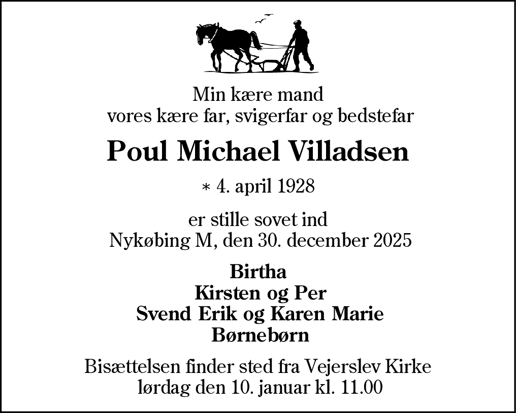 Dødsannonce for Poul Michael Villadsen