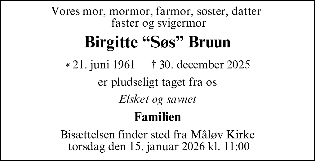 Dødsannonce for Birgitte Bruun
