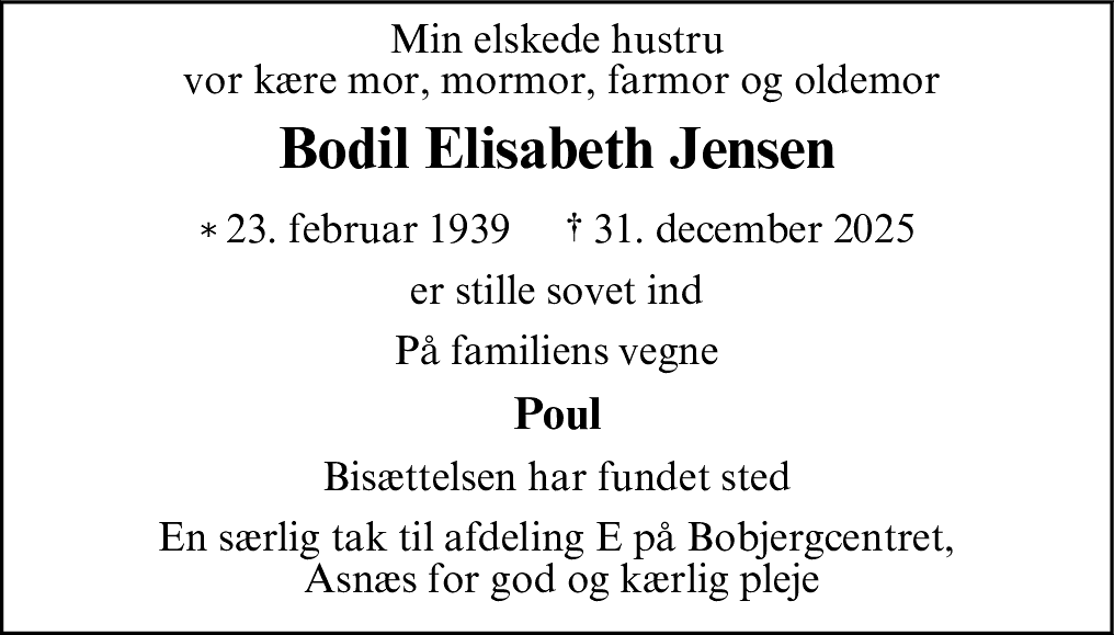 Dødsannonce for Bodil Elisabeth Jensen
