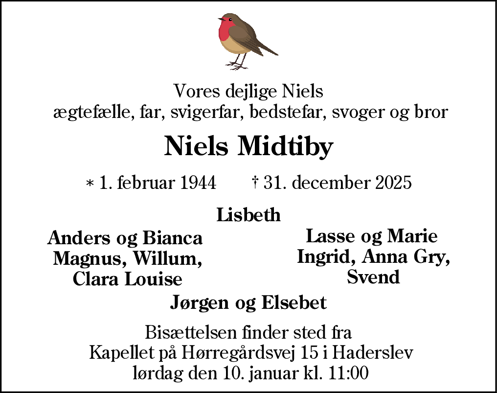 Dødsannonce for Niels Midtiby