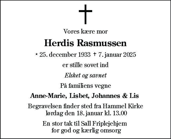 Dødsannonce for Herdis Rasmussen