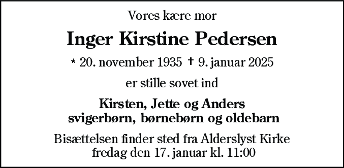 Dødsannonce for Inger Kirstine Pedersen