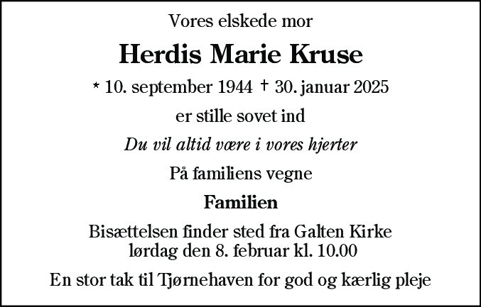 Dødsannonce for Herdis Marie Kruse